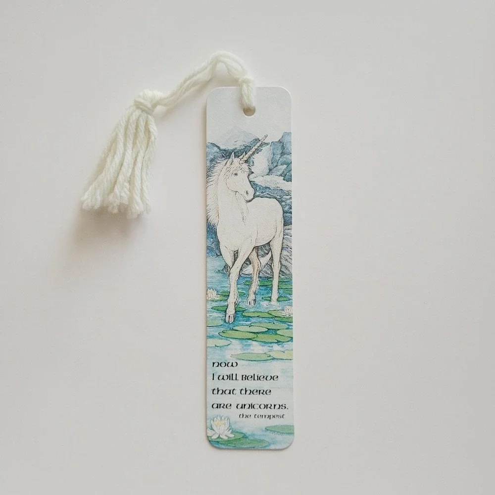 Vintage 70s Bookmark White Unicorn The Tempest Quote 1979 Antioch Sunshine H-274